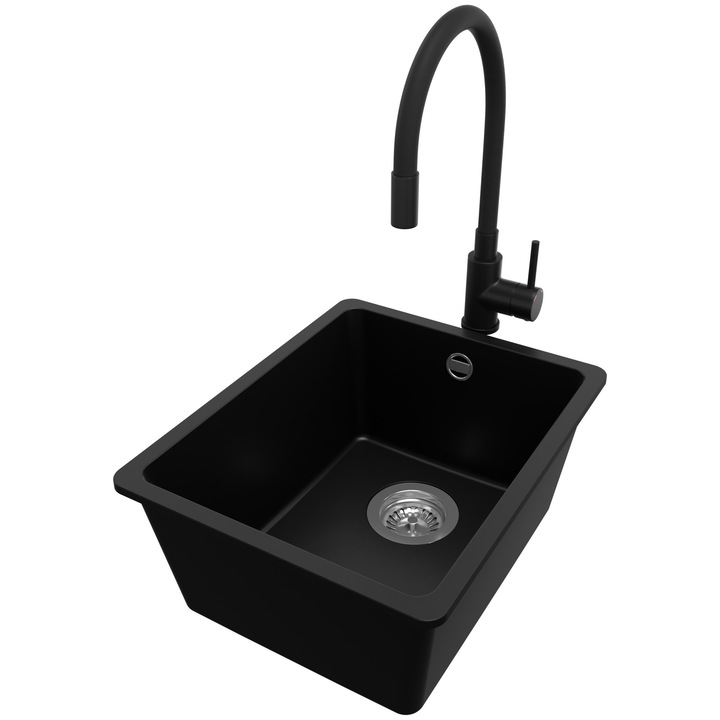Chiuveta de bucatarie din granit 36x44cm, Chiuveta 1 Cuva + Baterie 40x38cm + Sifon, Pentru dulap de 40cm, Venetia PRIMAGRAN, Negru S810