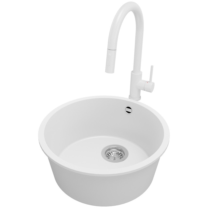 Chiuveta de bucatarie rotunda din granit 46x46cm, Chiuveta 1 Cuva + Baterie 40x20cm + Sifon, Pentru dulap de 50cm, Valetta PRIMAGRAN, Alb S970