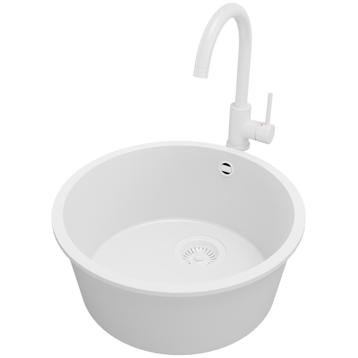 Chiuveta de bucatarie rotunda din granit 46x46cm, Chiuveta 1 Cuva + Baterie 32x20cm + Sifon, Pentru dulap de 50cm, Valetta PRIMAGRAN, Complet Alb S963