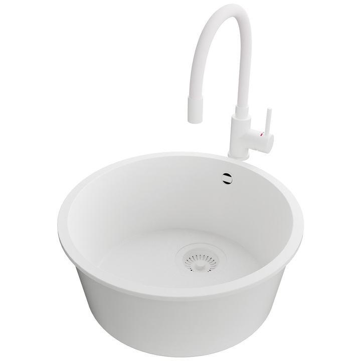 Chiuveta de bucatarie rotunda din granit 46x46cm, Chiuveta 1 Cuva + Baterie 38x14cm + Sifon, Pentru dulap de 50cm, Valetta PRIMAGRAN, Complet Alb S979