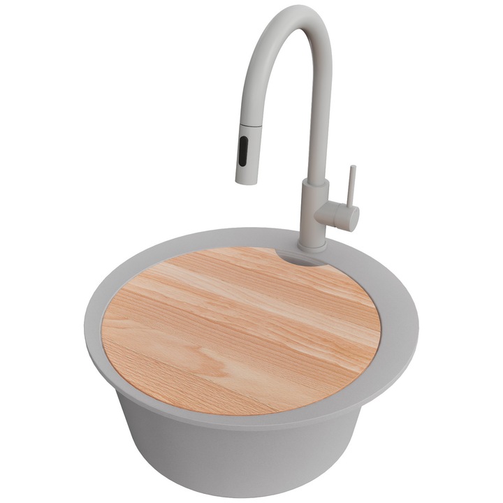 Chiuveta de bucatarie rotunda din granit 50x50cm, Chiuveta 1 Cuva + Baterie 40x20cm + Sifon, Pentru dulap de 45cm, Pisa PRIMAGRAN, Gri S997