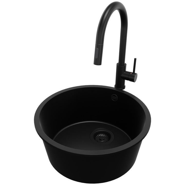Chiuveta de bucatarie rotunda din granit 46x46cm, Chiuveta 1 Cuva + Baterie 40x20cm + Sifon, Pentru dulap de 50cm, Valetta PRIMAGRAN, Complet Negru S969