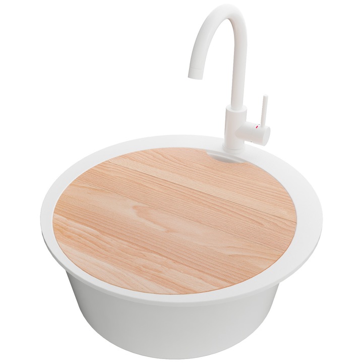 Chiuveta de bucatarie rotunda din granit 53x53cm, Chiuveta 1 Cuva + Baterie 32x20cm + Sifon, Pentru dulap de 50cm, Pisa PRIMAGRAN, Complet Alb S1011