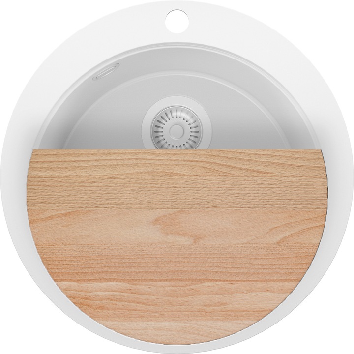 Chiuveta de bucatarie rotunda din granit 53x53cm, Chiuveta 1 Cuva + Sifon, Pentru dulap de 50cm, Pisa PRIMAGRAN, Complet Alb S1005