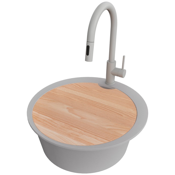 Chiuveta de bucatarie rotunda din granit 53x53cm, Chiuveta 1 Cuva + Baterie 40x20cm + Sifon, Pentru dulap de 50cm, Pisa PRIMAGRAN, Gri S1020