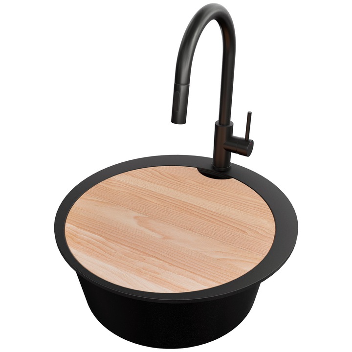 Chiuveta de bucatarie rotunda din granit 53x53cm, Chiuveta 1 Cuva + Baterie 40x20cm + Sifon, Pentru dulap de 50cm, Pisa PRIMAGRAN, Complet Negru S1017