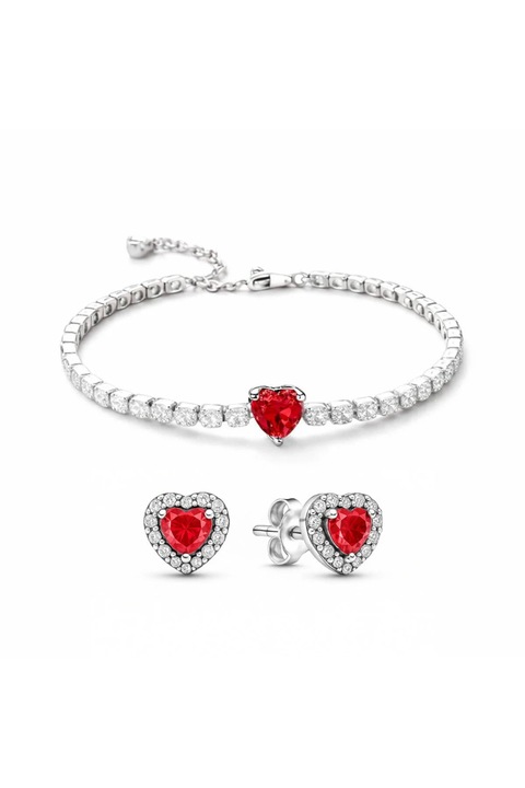 Set bijuterii Cercei si Bratara Red Heart - Silver