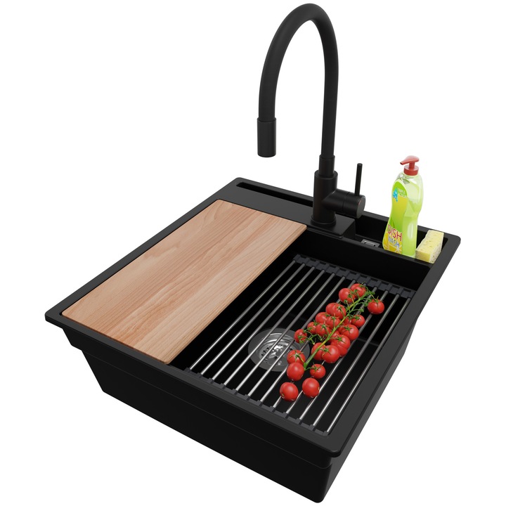 Chiuveta de bucatarie din granit 48x53cm, Chiuveta 1 Cuva + Baterie 40x38cm + Sifon + Set + Set, Pentru dulap de 50cm, Oslo PRIMAGRAN, Negru S1075