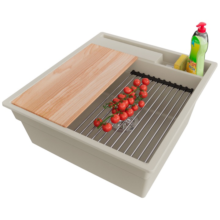 Chiuveta de bucatarie din granit 48x53cm, Chiuveta 1 Cuva + Sifon + Set + Set, Pentru dulap de 50cm, Oslo PRIMAGRAN, Bej S1066