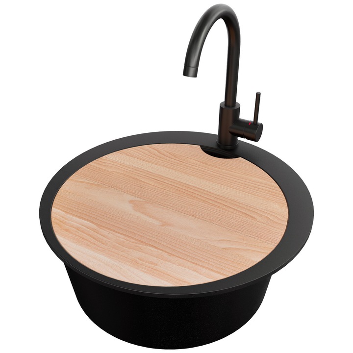 Chiuveta de bucatarie rotunda din granit 53x53cm, Chiuveta 1 Cuva + Baterie 32x20cm + Sifon, Pentru dulap de 50cm, Pisa PRIMAGRAN, Negru S1008