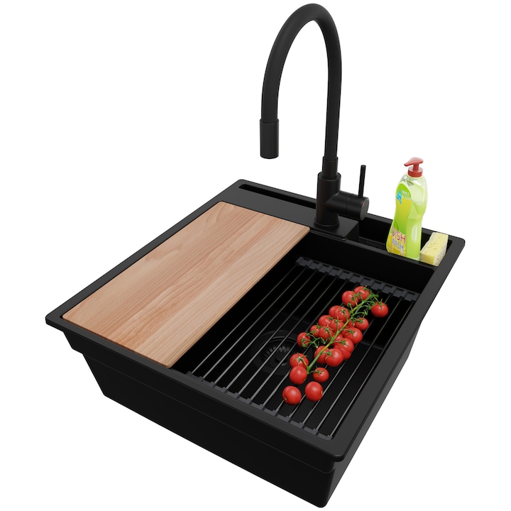 Chiuveta de bucatarie din granit 48x53cm, Chiuveta 1 Cuva + Baterie 40x38cm + Sifon + Set + Set, Pentru dulap de 50cm, Oslo PRIMAGRAN, Complet Negru S1081