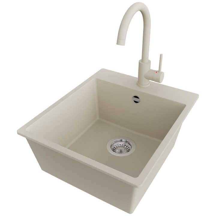 Chiuveta de bucatarie Primagran Riga 45, cu 1 cuva, baterie inclusa, bej, 43x50cm