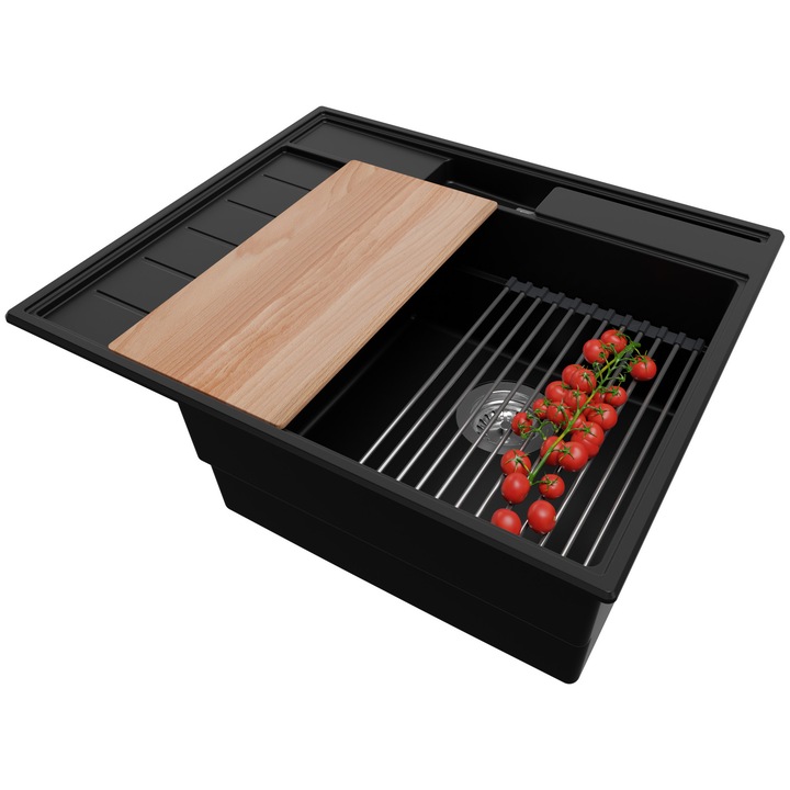 Chiuveta de bucatarie din granit 62x53cm, Chiuveta 1 Cuva + Sifon + Set + Set, Pentru dulap de 45cm, Sydney PRIMAGRAN, Negru S1230