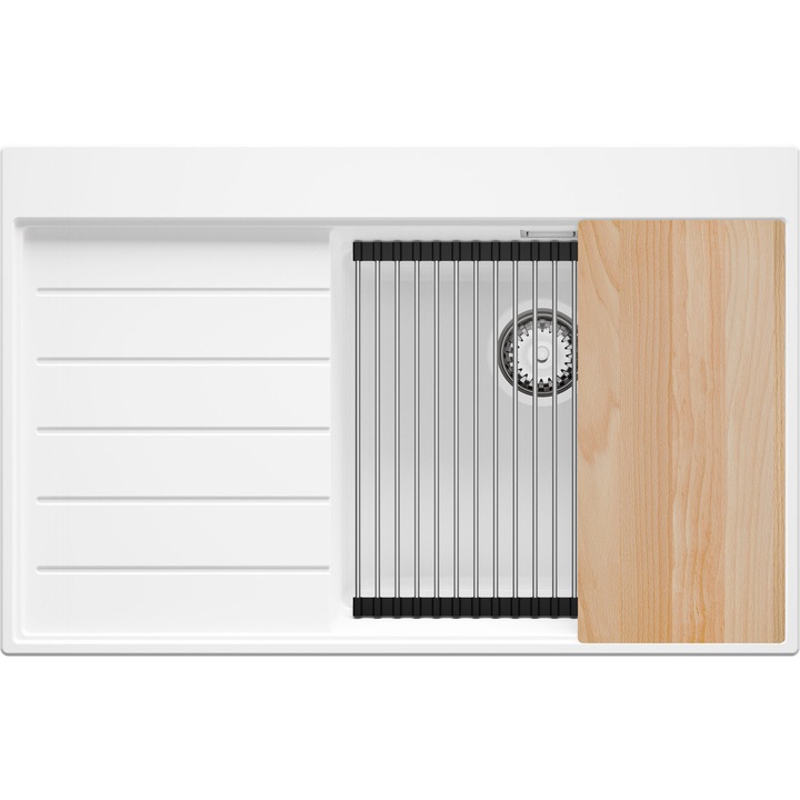 Chiuveta de bucatarie din granit 78x50cm, Chiuveta 1 Cuva + Sifon + Set + Set, Pentru dulap de 50cm, Sydney PRIMAGRAN, Alb S1258