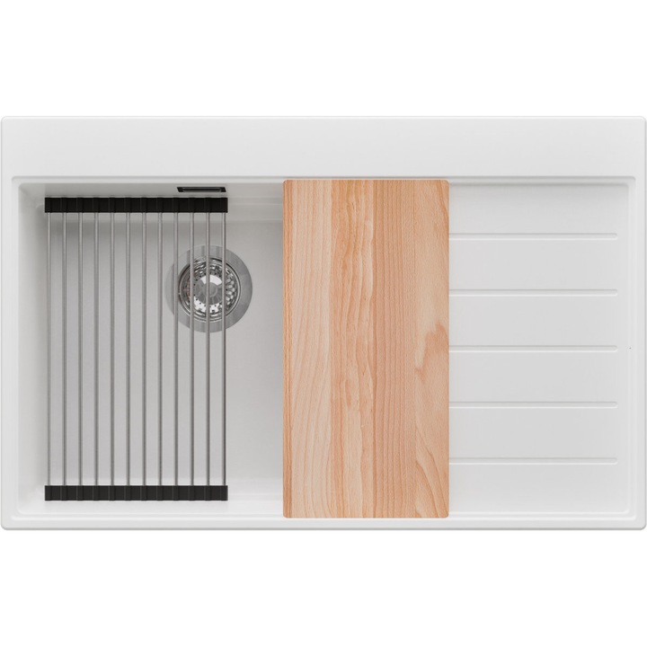 Chiuveta de bucatarie din granit 78x50cm, Chiuveta 1 Cuva + Sifon + Set + Set, Pentru dulap de 50cm, Sydney PRIMAGRAN, Alb S1264