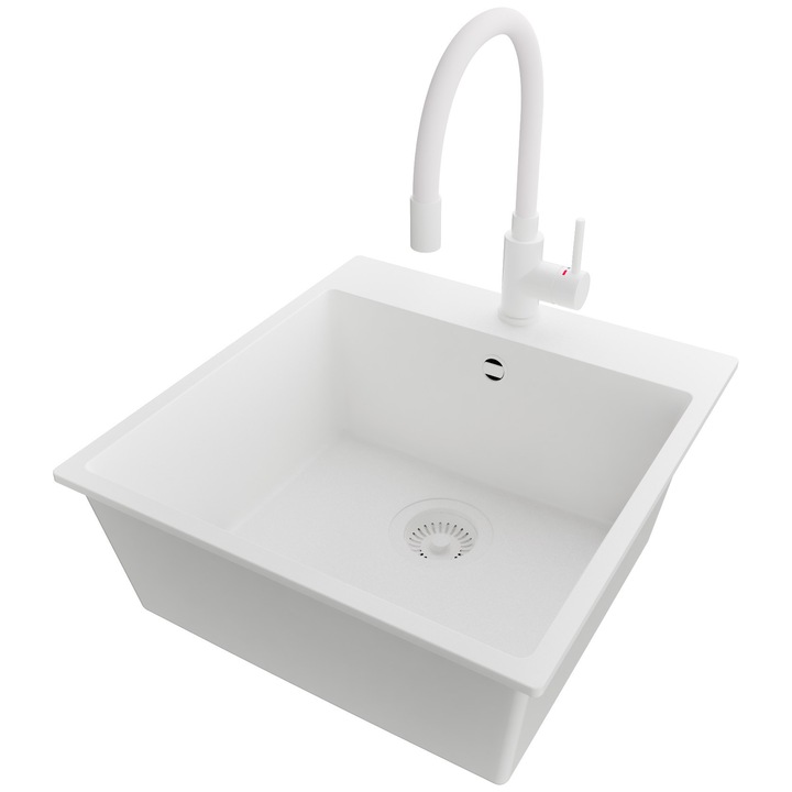 Chiuveta de bucatarie din granit 48x50cm, Chiuveta 1 Cuva + Baterie 38x14cm + Sifon, Pentru dulap de 50cm, Riga PRIMAGRAN, Complet Alb S090