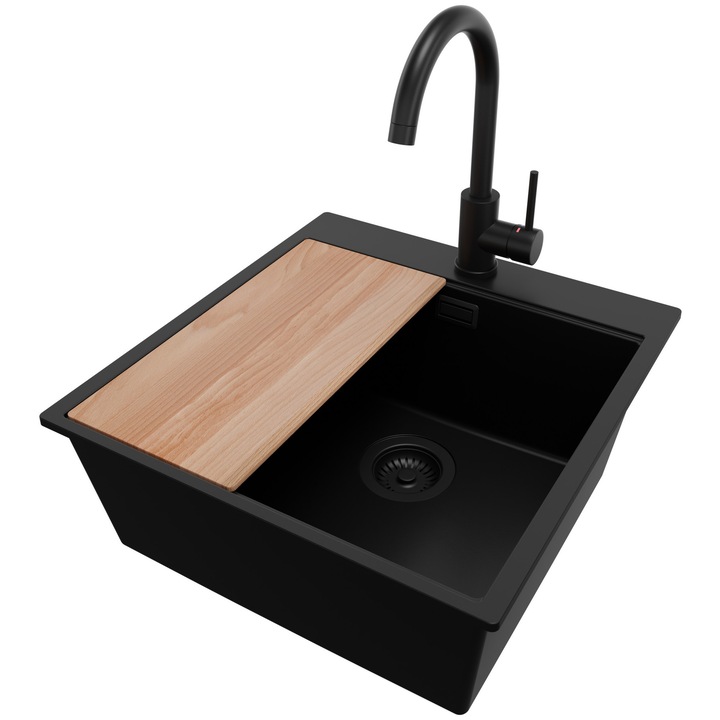 Chiuveta de bucatarie din granit 48x50cm, Chiuveta 1 Cuva + Baterie 32x20cm + Sifon, Pentru dulap de 50cm, Oslo PRIMAGRAN, Complet Negru S1473