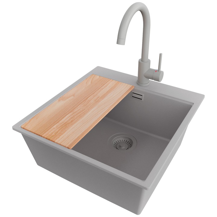 Chiuveta de bucatarie din granit 48x50cm, Chiuveta 1 Cuva + Baterie 32x20cm + Sifon, Pentru dulap de 50cm, Oslo PRIMAGRAN, Gri S1477