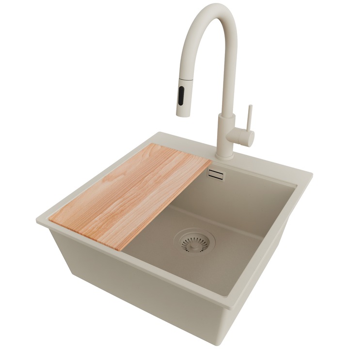 Chiuveta de bucatarie din granit 48x50cm, Chiuveta 1 Cuva + Baterie 40x20cm + Sifon, Pentru dulap de 50cm, Oslo PRIMAGRAN, Bej S1487