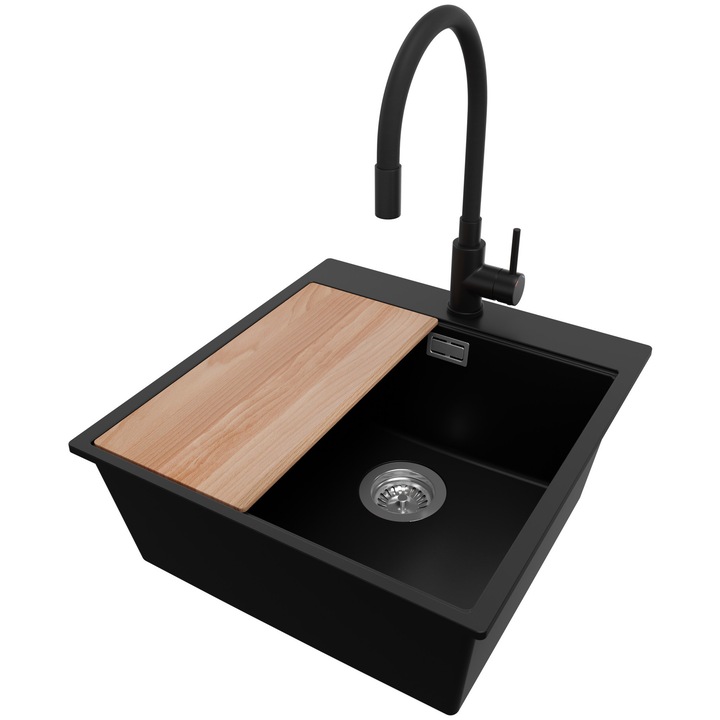 Chiuveta de bucatarie din granit 48x50cm, Chiuveta 1 Cuva + Baterie 40x38cm + Sifon, Pentru dulap de 50cm, Oslo PRIMAGRAN, Negru S1488