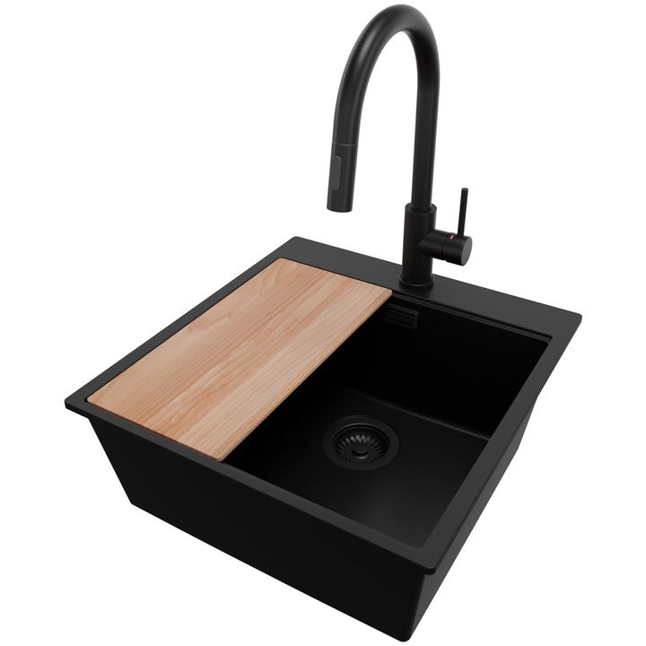 Chiuveta de bucatarie din granit 48x50cm, Chiuveta 1 Cuva + Baterie 40x20cm + Sifon, Pentru dulap de 50cm, Oslo PRIMAGRAN, Complet Negru S1481