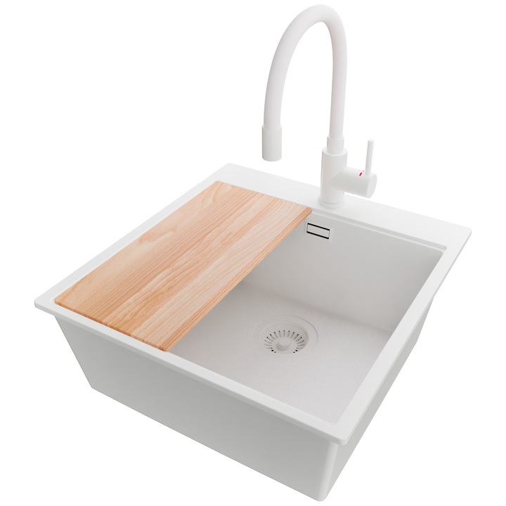 Chiuveta de bucatarie din granit 48x50cm, Chiuveta 1 Cuva + Baterie 38x14cm + Sifon, Pentru dulap de 50cm, Oslo PRIMAGRAN, Complet Alb S1491