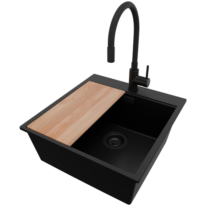Chiuveta de bucatarie din granit 48x50cm, Chiuveta 1 Cuva + Baterie 40x38cm + Sifon, Pentru dulap de 50cm, Oslo PRIMAGRAN, Complet Negru S1489