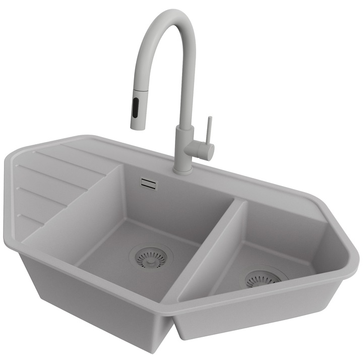 Chiuveta de colt din granit 90x50cm, Chiuveta 1, 5 Cuve + Baterie 40x20cm + Sifon, Pentru dulap de 70cm, Copenhaga PRIMAGRAN, Gri S1761