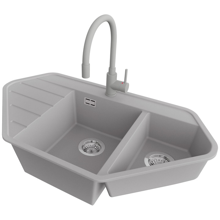 Chiuveta de colt din granit 90x50cm, Chiuveta 1, 5 Cuve + Baterie 38x14cm + Sifon, Pentru dulap de 70cm, Copenhaga PRIMAGRAN, Gri S1764