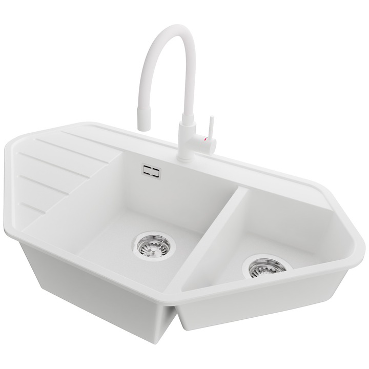 Chiuveta de colt din granit 90x50cm, Chiuveta 1, 5 Cuve + Baterie 38x14cm + Sifon, Pentru dulap de 70cm, Copenhaga PRIMAGRAN, Alb S1762