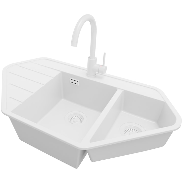 Chiuveta de colt din granit 90x50cm, Chiuveta 1, 5 Cuve + Baterie 32x20cm + Sifon, Pentru dulap de 70cm, Copenhaga PRIMAGRAN, Complet Alb S1755