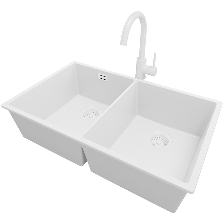 Chiuveta sub blat PrimaGran Londra 80 Twin, 2 cuve, alb, 76x47cm, set complet cu baterie si sifon