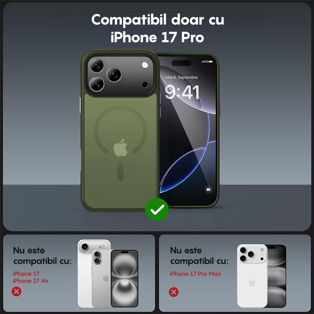 Husa compatibila cu Incarcare Magsafe pentru Apple iPhone 17 Pro Max, CASEY STUDIOS™, de Protectie, Slim, pentru Incarcare Wireless, Margini Ridicate pentru Protectia Ecranului si a Camerelor, Verde Deschis