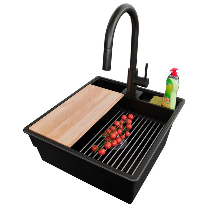 Chiuveta de bucatarie din granit 48x53cm, Chiuveta 1 Cuva + Baterie 40x20cm + Sifon + Set + Set, Pentru dulap de 50cm, New York PRIMAGRAN, Negru S2124