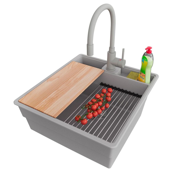 Chiuveta de bucatarie din granit 48x53cm, Chiuveta 1 Cuva + Baterie 38x14cm + Sifon + Set + Set, Pentru dulap de 50cm, New York PRIMAGRAN, Gri S2130