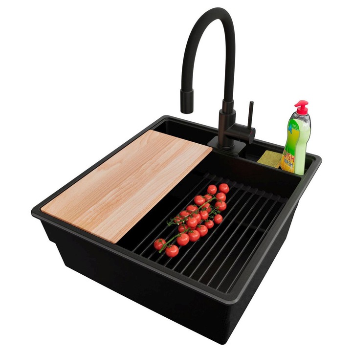 Chiuveta de bucatarie din granit 48x53cm, Chiuveta 1 Cuva + Baterie 40x38cm + Sifon + Set + Set, Pentru dulap de 50cm, New York PRIMAGRAN, Complet Negru S2135