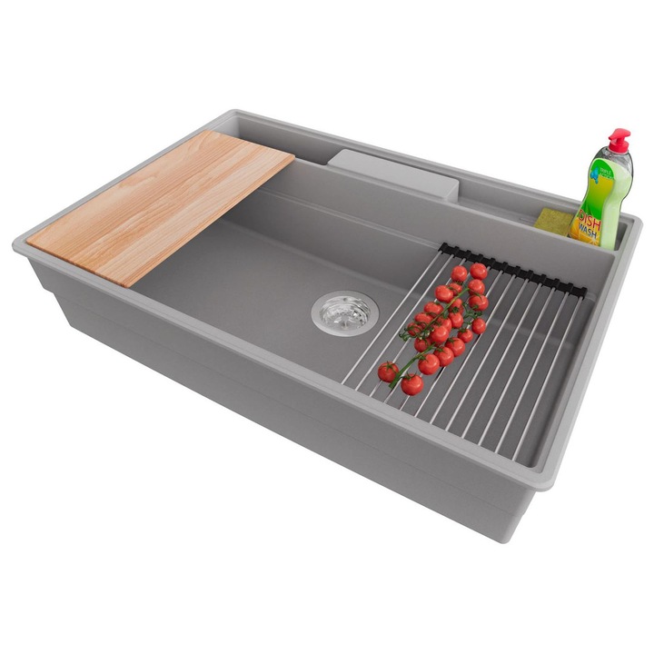 Chiuveta de bucatarie din granit 78x53cm, Chiuveta 1 Cuva + Sifon + Set + Set, Pentru dulap de 80cm, New York PRIMAGRAN, Gri S2139