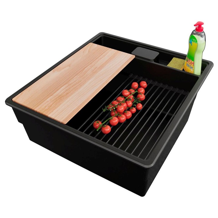 Chiuveta de bucatarie din granit 48x53cm, Chiuveta 1 Cuva + Sifon + Set + Set, Pentru dulap de 50cm, New York PRIMAGRAN, Complet Negru S2132