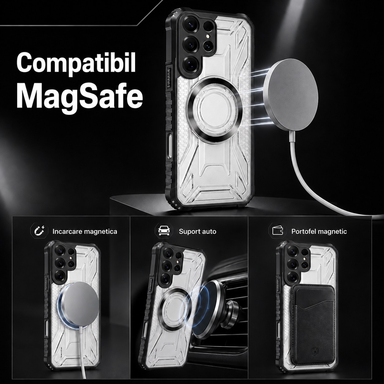 Husa pentru Samsung Galaxy S26 Ultra, MagSafe, Stil Mecha Armura, Protectie Camera, Colturi Ranforsate, Anti-Soc, Negru
