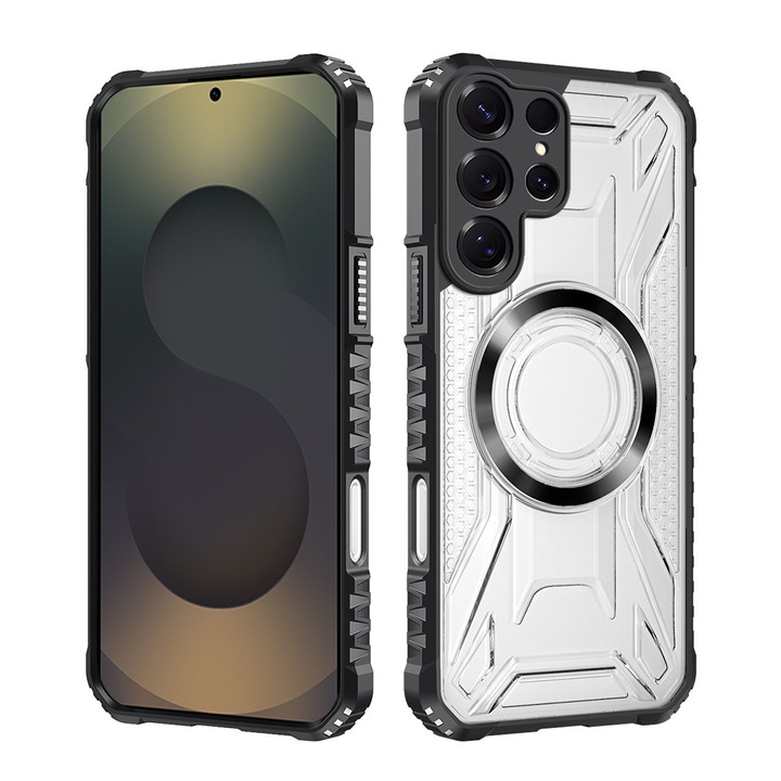 Калъф за Samsung Galaxy S26 Ultra, MagSafe, Mecha Armor стил, защита на камерата, подсилени ъгли, противоударен, черен