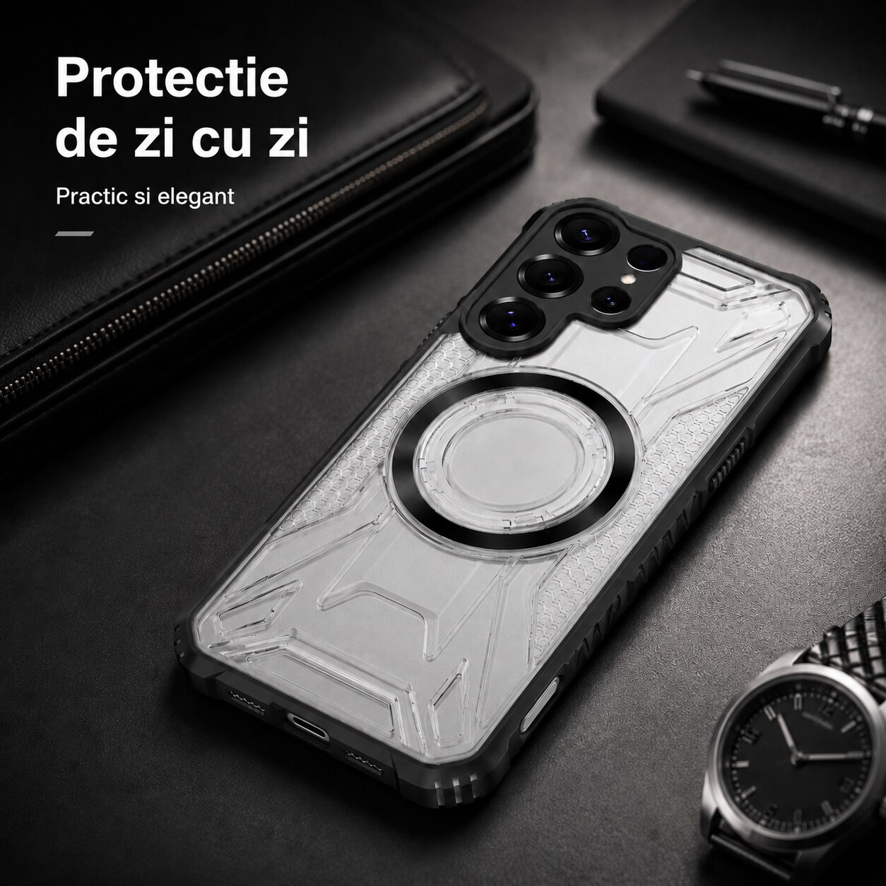 Husa pentru Samsung Galaxy S26 Ultra, MagSafe, Stil Mecha Armura, Protectie Camera, Colturi Ranforsate, Anti-Soc, Negru