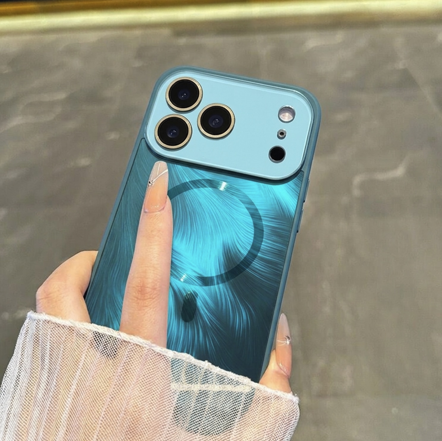 Husa pentru iPhone 17 Pro Max, MagSafe, Finisaj Lucios 3D Radiant, Protectie Camera, Colturi Anti-Soc, Turcoaz