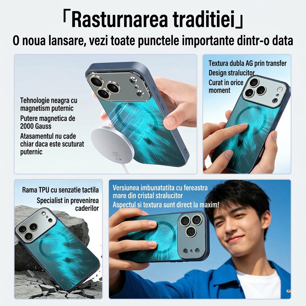 Husa pentru iPhone 17 Pro Max, MagSafe, Finisaj Lucios 3D Radiant, Protectie Camera, Colturi Anti-Soc, Turcoaz