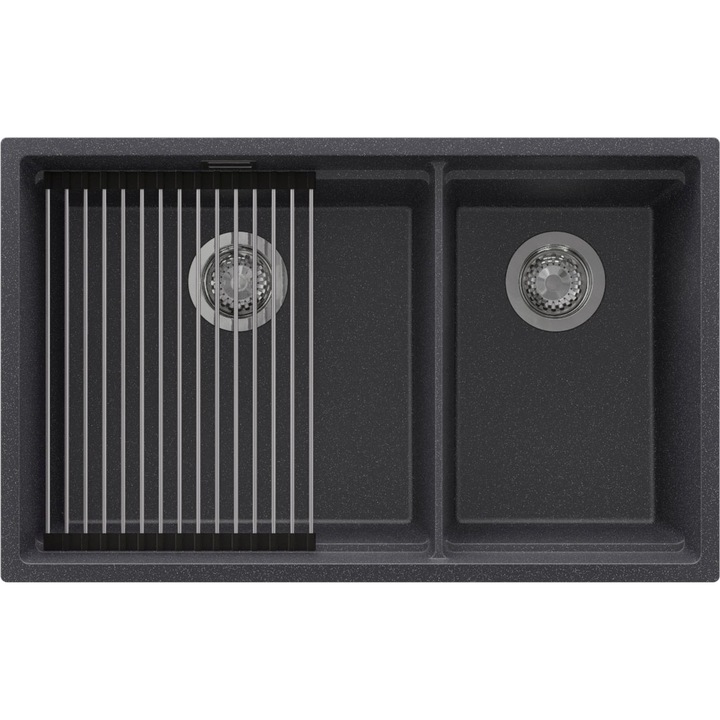 Chiuveta de bucatarie din granit 76x47cm, Chiuveta 2 Cuve + Sifon + Suprafata de scurgere rulabila + Accesorii, Pentru dulap de 80cm, Praga PRIMAGRAN, Grafit S2199
