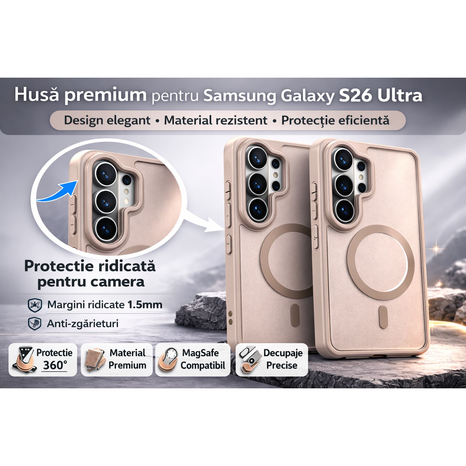 Husa Matte MagSafe pentru Samsung Galaxy S26 Ultra, protectie completa, contur Bej