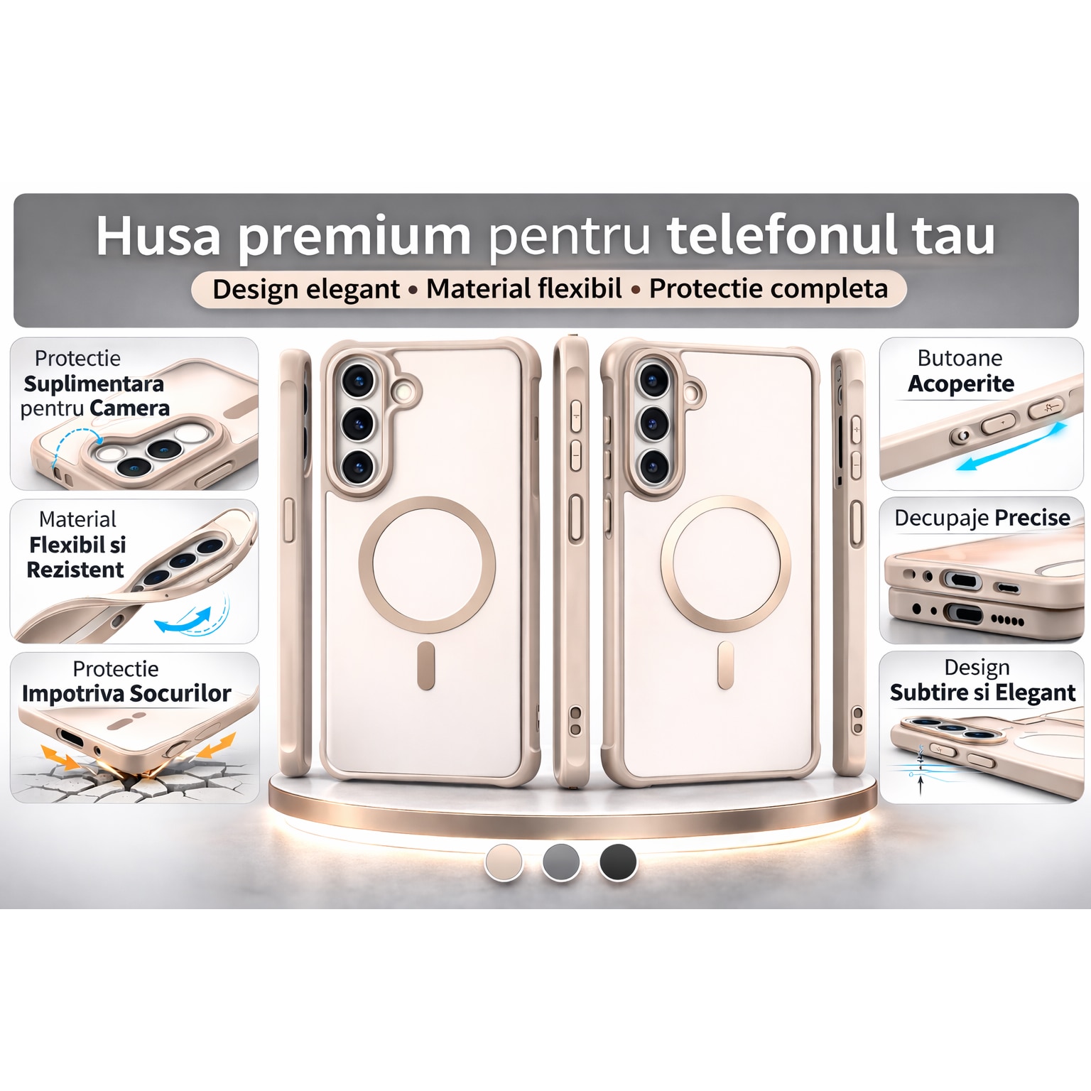 Husa Matte MagSafe compatibila cu Samsung Galaxy S25 Fe, protectie completa, contur Bej