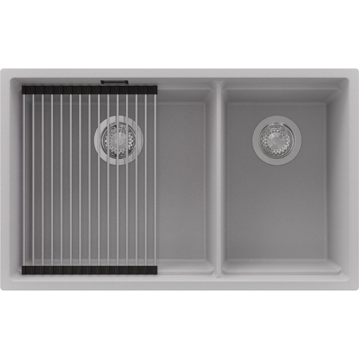 Chiuveta de bucatarie din granit 76x47cm, Chiuveta 2 Cuve + Sifon + Suprafata de scurgere rulabila + Accesorii, Pentru dulap de 80cm, Praga PRIMAGRAN, Gri S2201