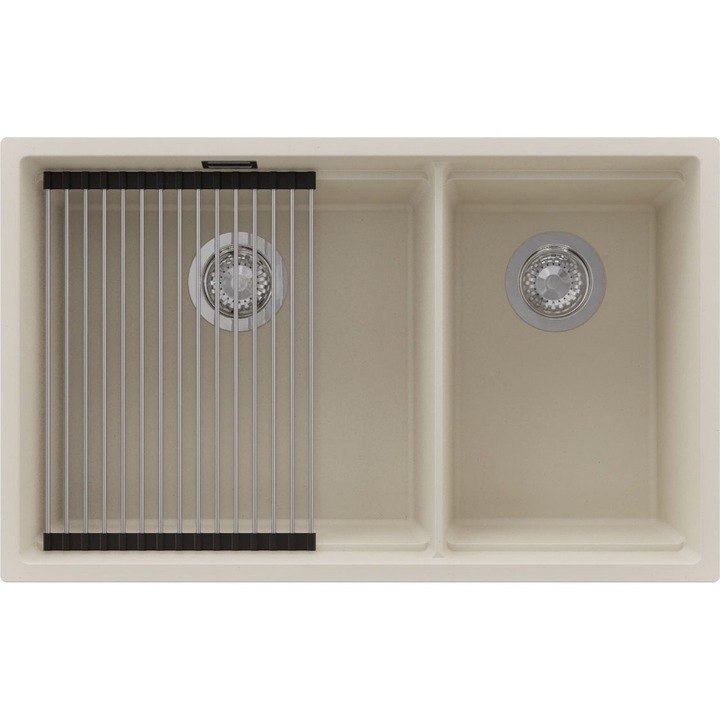 Chiuveta de bucatarie din granit 76x47cm, Chiuveta 2 Cuve + Sifon + Suprafata de scurgere rulabila + Accesorii, Pentru dulap de 80cm, Praga PRIMAGRAN, Bej S2203