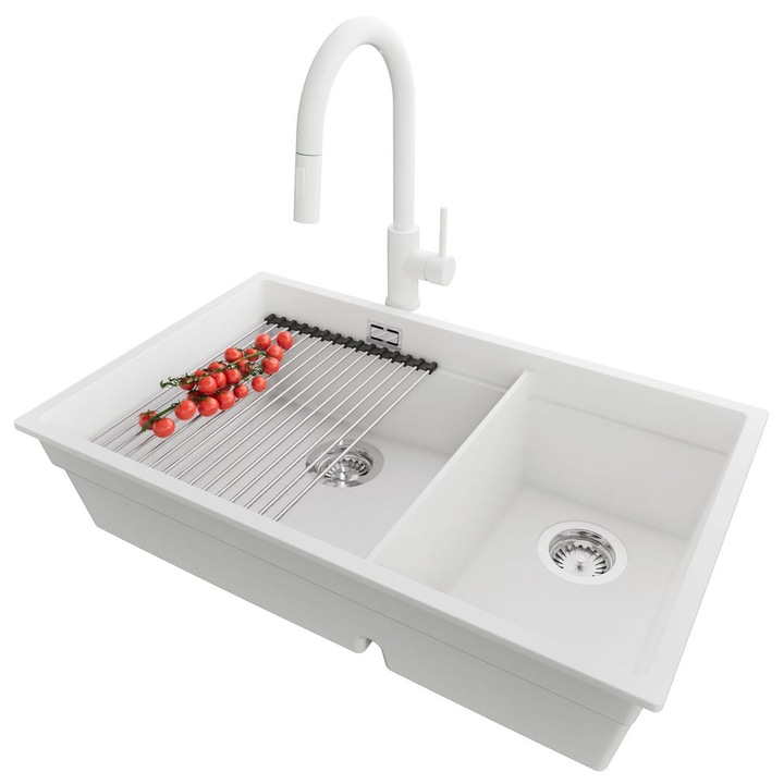 Chiuveta de bucatarie din granit 76x47cm, Chiuveta 2 Cuve + Baterie 40x20cm + Sifon + Suprafata de scurgere rulabila + Accesorii, Pentru dulap de 80cm, Praga PRIMAGRAN, Alb S2209