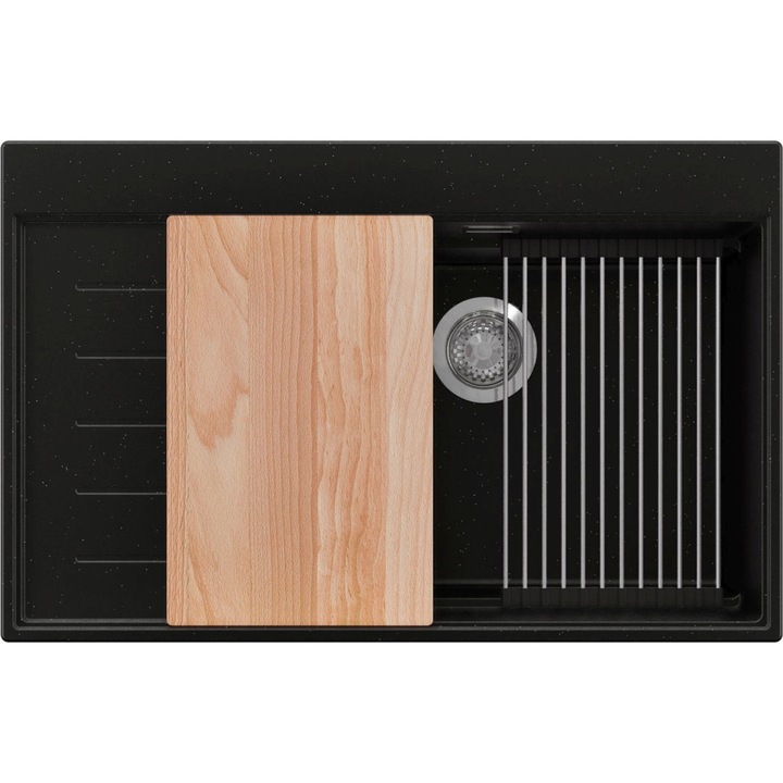 Chiuveta de bucatarie din granit 78x50cm, Chiuveta 1 Cuva + Sifon + Set + Set, Pentru dulap de 60cm, Sydney PRIMAGRAN, Negru Metalizat S2222